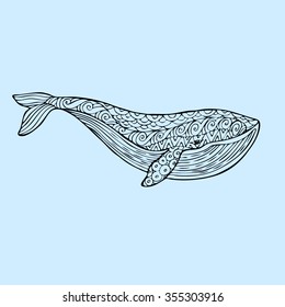 Large black-and-white whale on a blue water background. An adult whale painted by hand in the art of different strokes, curls. Zentangle style. Vector. The sad whale. Most sea, ocean fish, mammals.