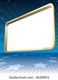 Large blank billboard flying in abstract space with stars.