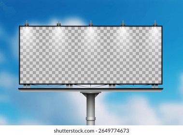 Grande maqueta en blanco de la cartelera en el fondo transparente con el cielo azul y las luces