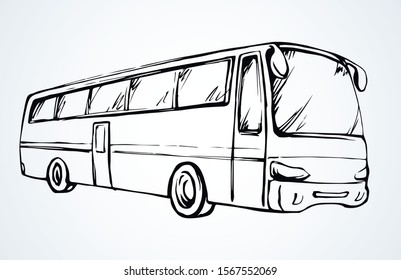 Large blank intercity charter schoolbus on light road text space. Outline black ink hand drawn school tire machine logo pictogram emblem design in art doodle print style on paper. Closeup side view