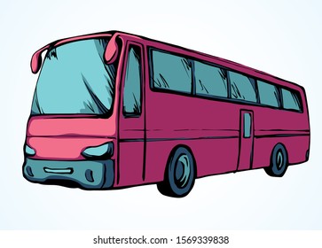 Large blank intercity charter schoolbus on light road text space. Outline black ink hand drawn school tire machine logo pictogram emblem design in art doodle print style on paper. Closeup side view