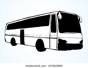 Large blank intercity charter schoolbus on light road text space. Outline black ink hand drawn school tire machine logo pictogram emblem design in art doodle print style on paper. Closeup side view