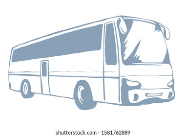 Large blank intercity charter schoolbus on light road text space. Outline black ink hand drawn school tire machine logo pictogram emblem design in art doodle print style on paper. Closeup side view