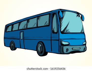 Large blank intercity charter schoolbus on light road text space. Outline black ink hand drawn school tire machine logo pictogram emblem design in art doodle print style on paper. Closeup side view