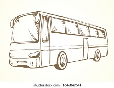 Large Blank Intercity Charter Schoolbus On Light Road Text Space. Outline Black Ink Hand Drawn School Tire Machine Logo Pictogram Emblem Design In Art Doodle Print Style On Paper. Closeup Side View