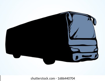 Large blank intercity charter schoolbus on light road text space. Outline black ink hand drawn school tire machine logo pictogram emblem design in art doodle print style on paper. Closeup side view