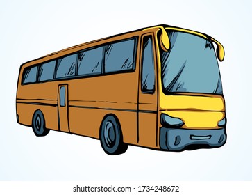 Large blank intercity charter schoolbus on light road text space. Outline black ink hand drawn school tire machine logo pictogram emblem design in art doodle print style on paper. Closeup side view