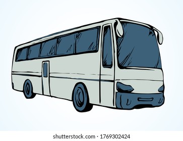 Large blank intercity charter schoolbus on light road text space. Outline black ink hand drawn school tire machine logo pictogram emblem design in art doodle print style on paper. Closeup side view