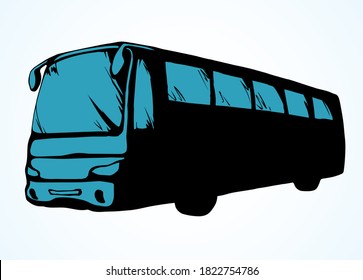 Large Blank Intercity Charter Schoolbus On Light Road Text Space. Outline Black Ink Hand Drawn School Tire Machine Logo Pictogram Emblem Design In Art Doodle Print Style On Paper. Closeup Side View