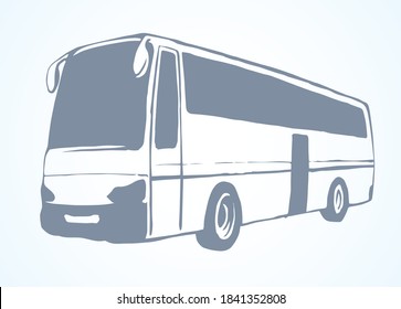 Large blank intercity charter schoolbus on light road text space. Outline black ink hand drawn school tire machine logo pictogram emblem design in art doodle print style on paper. Closeup side view