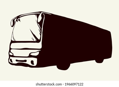 Large blank intercity charter schoolbus on light road text space. Outline black ink hand drawn school tire machine logo pictogram emblem design in art doodle print style on paper. Closeup side view