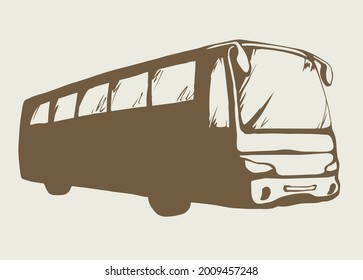 Large blank intercity charter schoolbus on light road text space. Outline black ink hand drawn school tire machine logo pictogram emblem design in art doodle print style on paper. Closeup side view