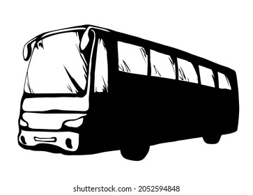 Large blank intercity charter schoolbus on light road text space. Outline black ink hand drawn school tire machine logo pictogram emblem design in art doodle print style on paper. Closeup side view