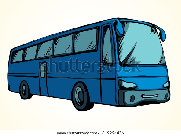 Large blank intercity charter schoolbus on light\
road text space. Outline black ink hand drawn school tire machine\
logo pictogram emblem design in art doodle print style on paper.\
Closeup side view