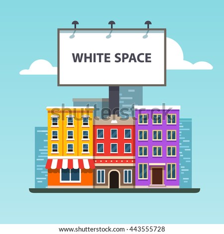 Large blank urban billboard with copy space text standing high over city street buildings. Flat style vector illustration template.