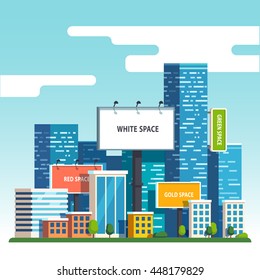Large blank urban billboards with copy space text standing high over large city street skyscrapers buildings. Flat style vector illustration template.