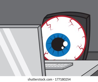 Large bloodshot eye staring at computer 