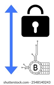 Large blue arrow beside black lock and Bitcoin symbol with circuitry outline. Ideal for blockchain, cryptocurrency, security, technology integration, digital currency. Simple, modern vector style