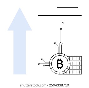 Large blue arrow points upward indicating growth next to a digital Bitcoin symbol enveloped in circuit lines. Ideal for illustrating cryptocurrency, digital finance, blockchain, investment