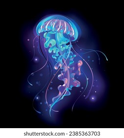 Large, blue, artistically drawn, glowing, bright jellyfish, with long tentacles on black background with purple bioluminescence. Luminous jellyfish. hand drawn vector art