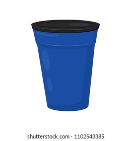 Large blue barrel with black lid. Plastic container for water or trash. Flat vector element for poster or banner