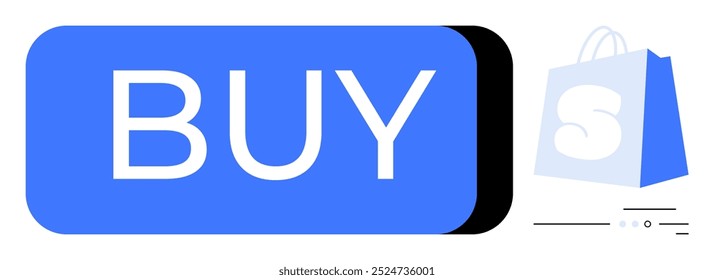 Large blue button with the text Buy and a shopping bag symbol in the background. Ideal for e-commerce, online shopping, retail, digital marketing, user interface design. Simple clean look