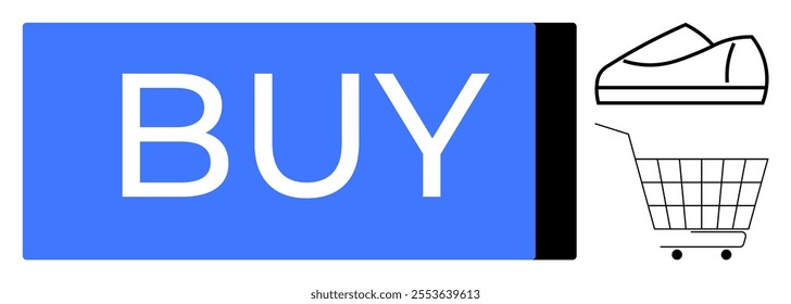 Large blue button with text BUY. Next to it are a simple shoe outline and a shopping cart icon. Ideal for e-commerce, retail, online purchasing, digital marketing, website design