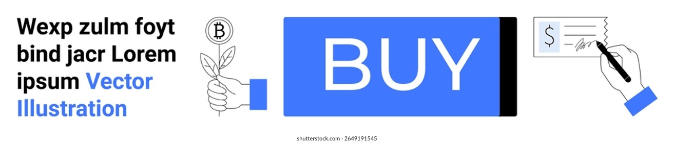 Grande azul botão COMPRAR, símbolo Bitcoin, mão segurando uma planta, escrevendo um cheque. Ideal para finanças, criptomoeda, processamento de pagamento, e-commerce, compras, comércio sustentável, design de página inicial