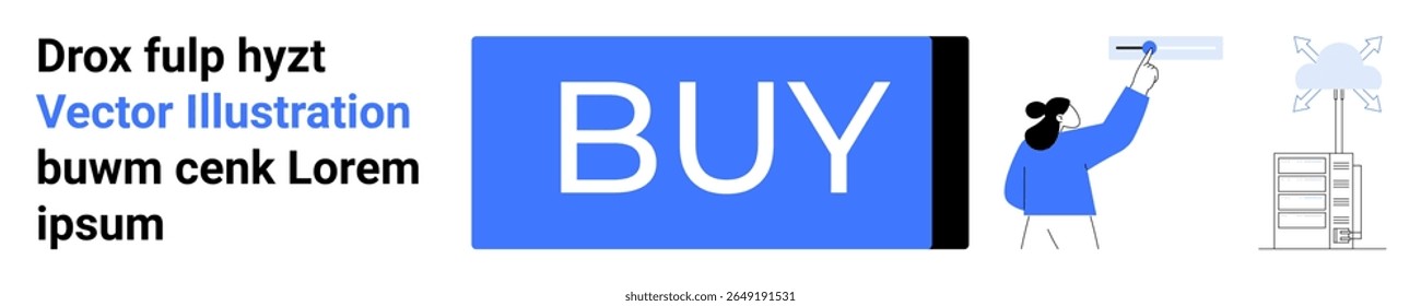 Botão GRANDE COMPRAR azul, individual usando um rolo para pintura e elementos de texto decorativos. Ideal para comércio eletrônico, compras on-line, plano de ação, experiência do usuário, design da Web, placas gráficas modernas
