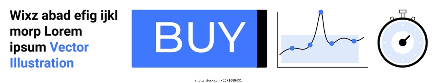 Grande azul Comprar Botón, gráfico de línea azul con picos y valles, y cronómetro negro. Ideal para comercio electrónico, productividad, análisis, gestión de tiempo, interfaz de usuario, seguimiento de rendimiento. Página de destino