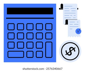 Large blue calculator alongside a rolled receipt and a dollar sign in a circle Ideal, for accounting finance budgeting calculation expense management bookkeeping vector style clear and simple