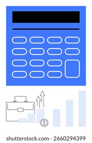 Großer blauer Taschenrechner, der den oberen Bereich dominiert, Business-Aktentasche-Symbol, Pfeil, der Wachstum anzeigt, gestapelte Münzen und Balkendiagramm unten. Ideal für Finanzplanung, Buchhaltung, Business