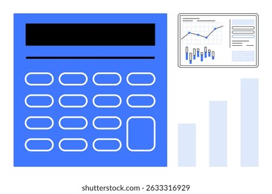 Large blue calculator, interactive graphing dashboard, and ascending bar chart. Ideal for financial analysis, business reports, accounting, economic studies, budgeting, data visualization