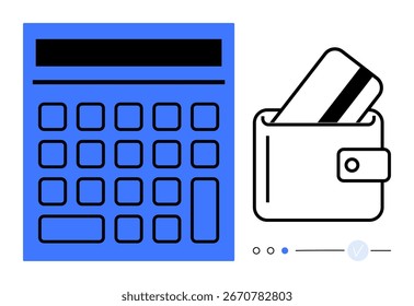 Large blue calculator next to a wallet with a credit card slot. Ideal for budgeting, financial planning, accounting, money management, expense tracking, business finance, personal finance. Line