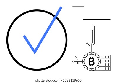 Grande marca de verificación azul dentro de un círculo negro conectado a un símbolo de Bitcoin en el fondo del circuito electrónico. Ideal para tecnología blockchain, seguridad de criptomonedas, transacciones digitales, datos