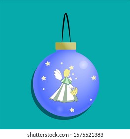 A large blue Christmas ball with an image of an angel.