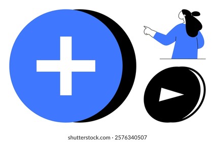 Large blue circle with white plus sign, smaller black circle with white play button, and minimalistic depiction of a person pointing. Ideal for technology, user interface design, multimedia