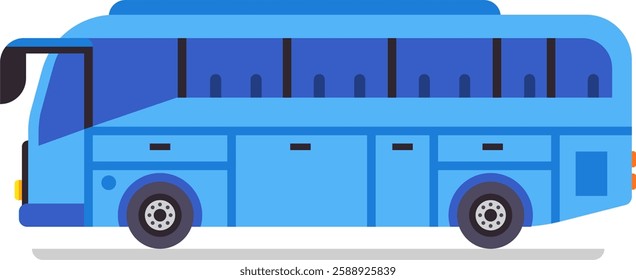 Large blue coach bus with dark tinted windows parked on a road is ready for a trip, carrying passengers to their destination, side view, flat design