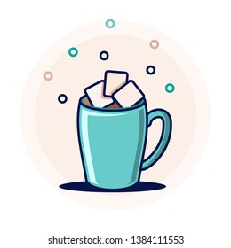 Large blue cup with cocoa and marshmallows in flat style. For logo, banner or flyer. Vector illustration