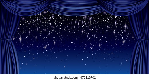 Large Blue Curtain With Silver Glitter Full Vector