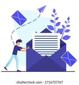 Large blue envelope. A handsome young man pushes a letter and envelope. Sent to the destination. Modern vector illustration.