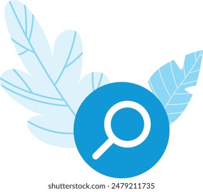 Large blue feather leaves around magnifying glass icon isolated white background. Graphic design uses bright colors simple shapes. Useful vector illustration nature, search themes, UI design. Blue