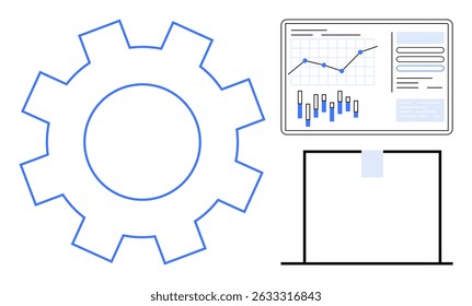 Grande engranaje azul adyacente a un gráfico digital que muestra las tendencias de los datos analíticos, colocado encima de un documento en blanco. Ideal para operaciones tecnológicas, análisis de datos, planificación de negocios, optimización de procesos