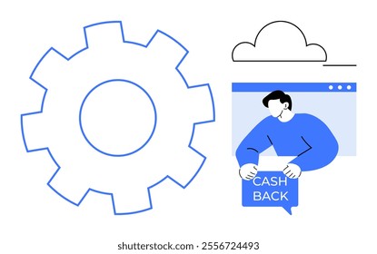 Large blue gear, cloud outline, and person holding cashback sign within a browser window. Ideal for technology, finance, e-commerce, web development, and cloud computing themes. Simple modern vector