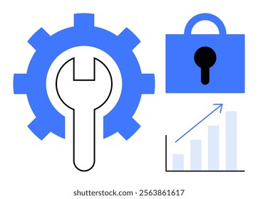 A large blue gear combined with a wrench, a padlock, and an upward-trending bar chart with an arrow. Ideal for security, maintenance, growth, business, and technology themes. Flat vector style