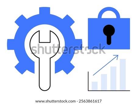 A large blue gear combined with a wrench, a padlock, and an upward-trending bar chart with an arrow. Ideal for security, maintenance, growth, business, and technology themes. Flat vector style