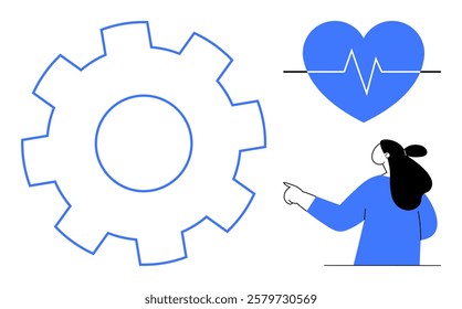 Large blue gear, blue heart with heartbeat line, and a woman pointing. Ideal for technology, healthcare, technical support, medical technology, and user interface. Modern and clean style