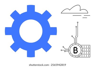 Large blue gear next to Bitcoin symbol on a circuit background with a simple cloud outline design. Ideal for technology blockchain cryptocurrency digital finance innovation and minimalist design