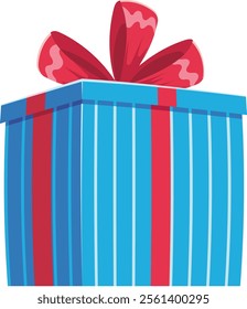 Large blue gift box wrapped with red ribbons and topped with a decorative bow, symbolizing celebration, surprise, and giving on special occasions