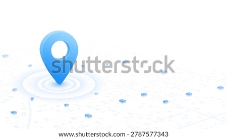 Large blue glossy location pin standing on isometric light city map with ripple circles around base and buildings